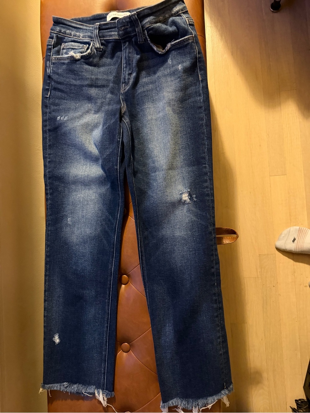 Flying Monkey Indigo Washed Straight Leg Jeans with Frayed Hem